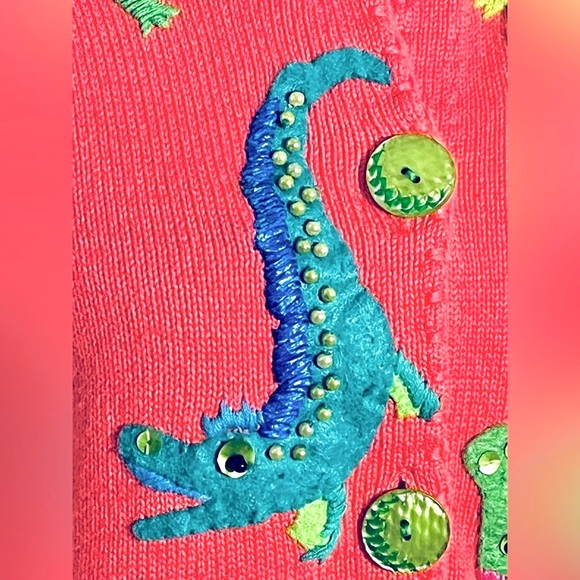 ALLIGATOR CARDIGAN SWEATER MICHAEL SIMON SMALL RETRO CROCODILE ANIMAL PRINT - Picture 10 of 16